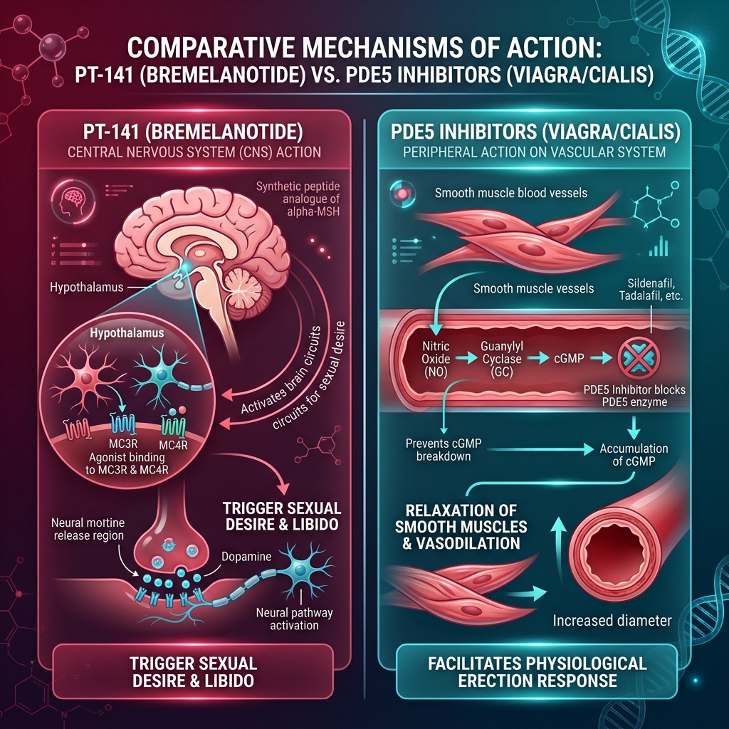 Comparative clinical infographic detailing the central nervous system mechanism of PT-141 (MC3R/MC4R activation in the hypothalamus) versus the peripheral vascular mechanism of PDE5 inhibitors (Viagra/Cialis).