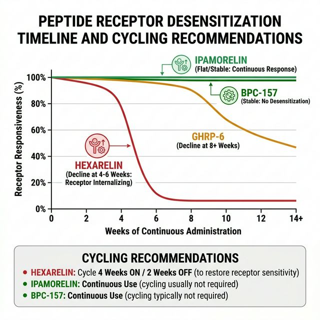 Receptor desensitization timeline showing hexarelin losing efficacy at 4-6 weeks versus ipamorelin maintaining response indefinitely with cycling protocol recommendations