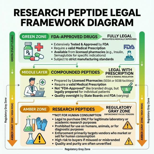 Legal framework diagram for research peptides showing FDA enforcement priorities, research use only labeling, and the regulatory gray zone between consumer purchase and human use