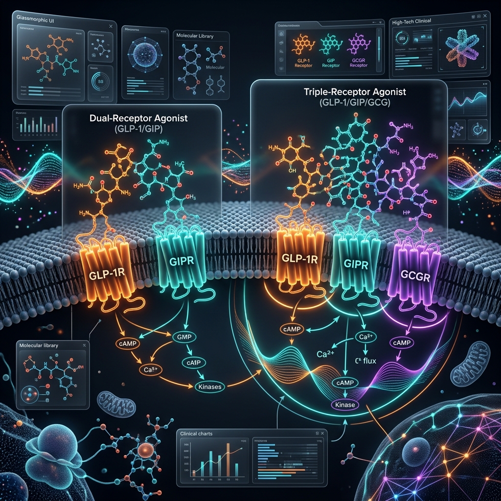 Pharmacological comparison of Retatrutide triple agonism versus Tirzepatide dual agonism.