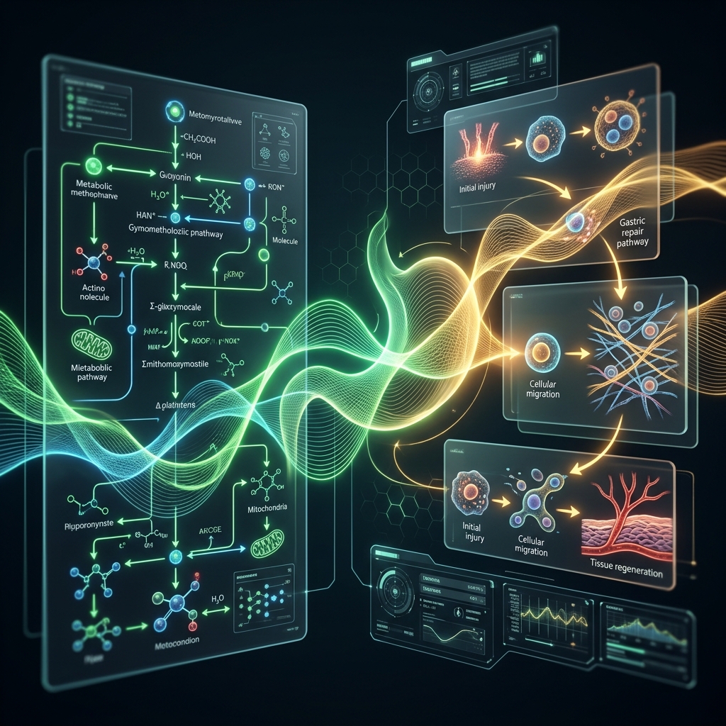 Mechanism of action diagram mapping Semaglutide-induced delayed gastric emptying alongside BPC-157 mucosal repair.