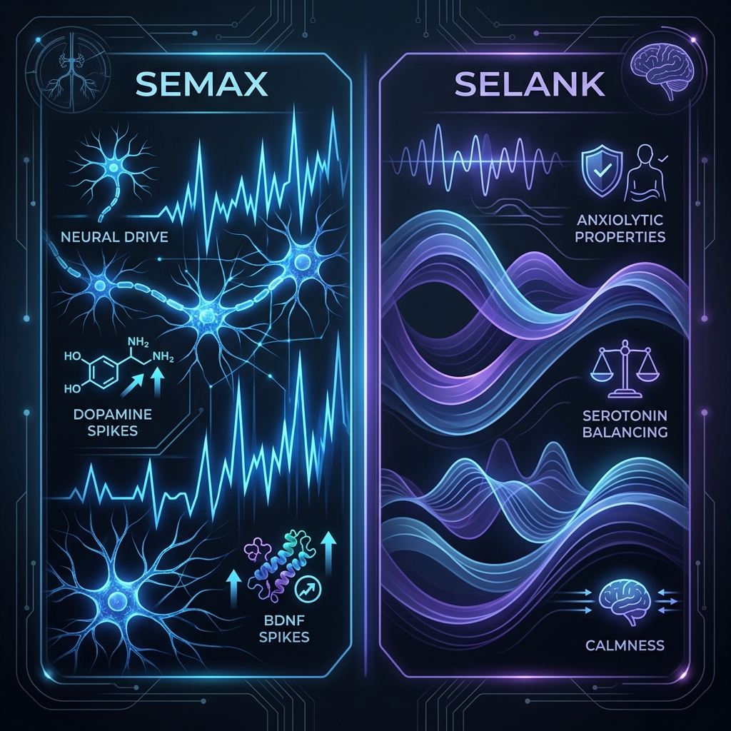 Comparative timeline showcasing the differences in half-life, enzymatic degradation, and receptor binding affinities between Semax (stimulatory) and Selank (anxiolytic).