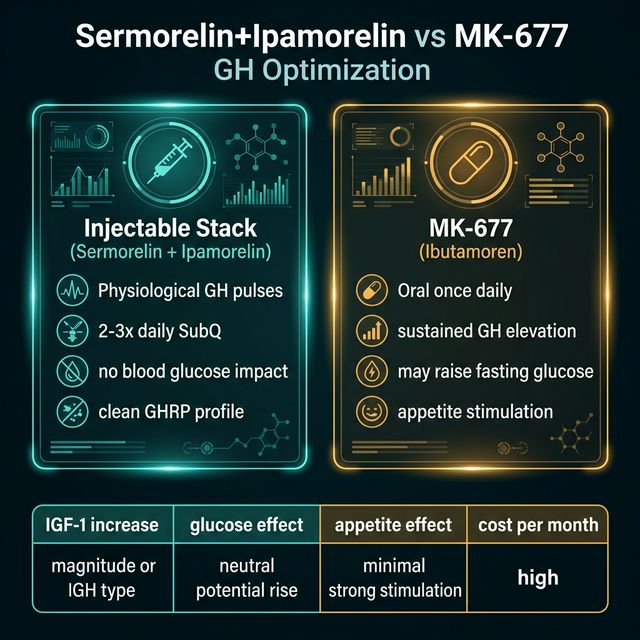 Side by side comparison of sermorelin ipamorelin injectable stack versus MK-677 oral ibutamoren showing half-life GH pulse pattern cortisol effect and IGF-1 elevation