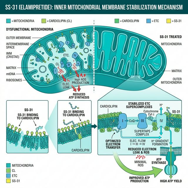 SS-31 elamipretide mechanism showing cardiolipin binding on inner mitochondrial membrane, ETC supercomplex stabilization, and electron leak reduction for improved ATP production