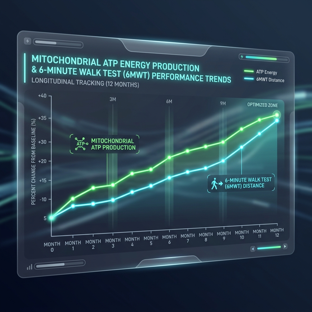 SS-31 clinical efficacy graph showing massive improvement in 6-minute walk test and ATP production