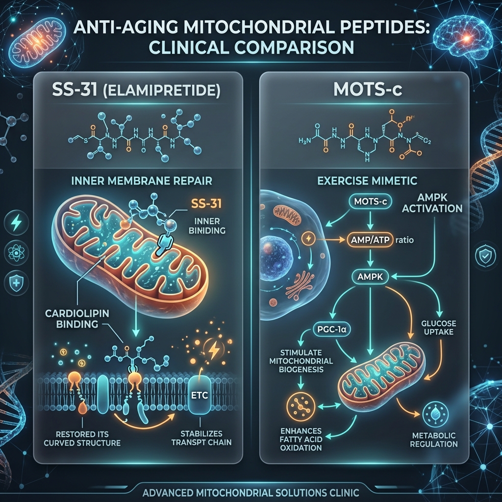 Side-by-side comparison of SS-31 inner membrane repair vs MOTS-c AMPK activation