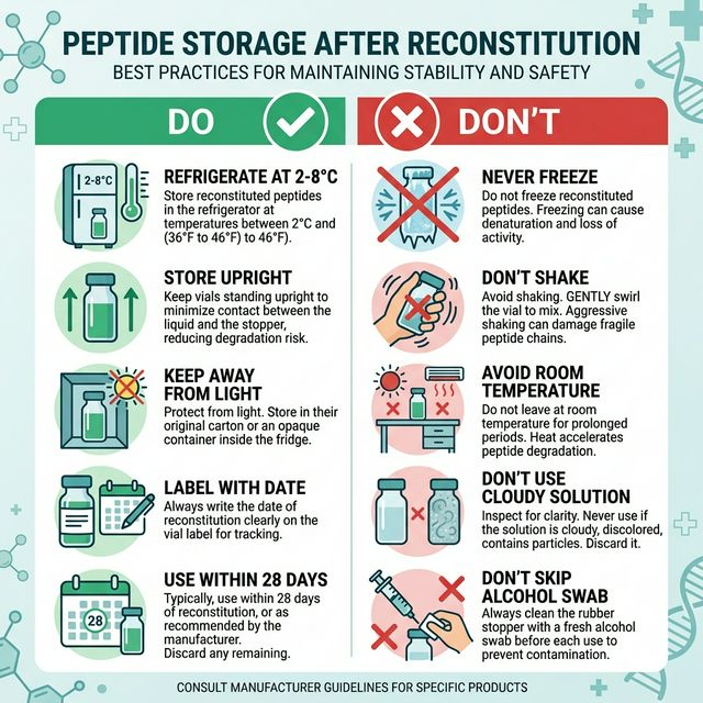 Infographic showing peptide storage do and don't rules: refrigerate at 2-8 degrees Celsius, store upright, never freeze, discard after 28 days
