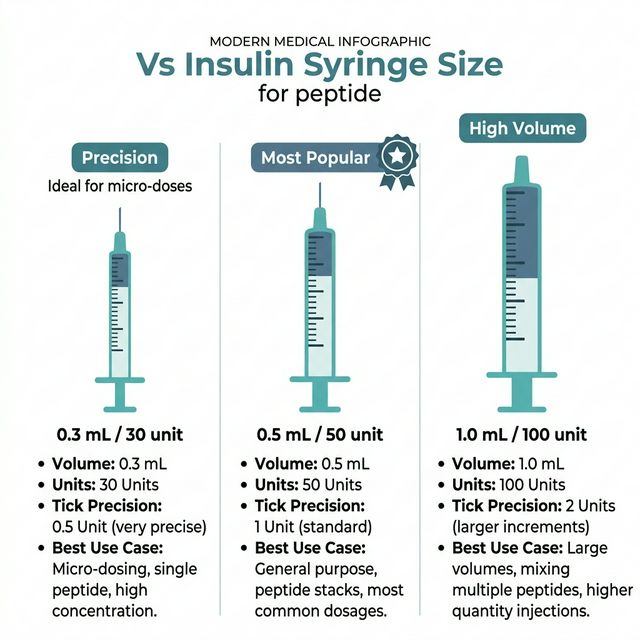 Comparison chart of three insulin syringe sizes for peptides: 0.3 mL 30 unit, 0.5 mL 50 unit, and 1.0 mL 100 unit with tick mark precision and best use cases