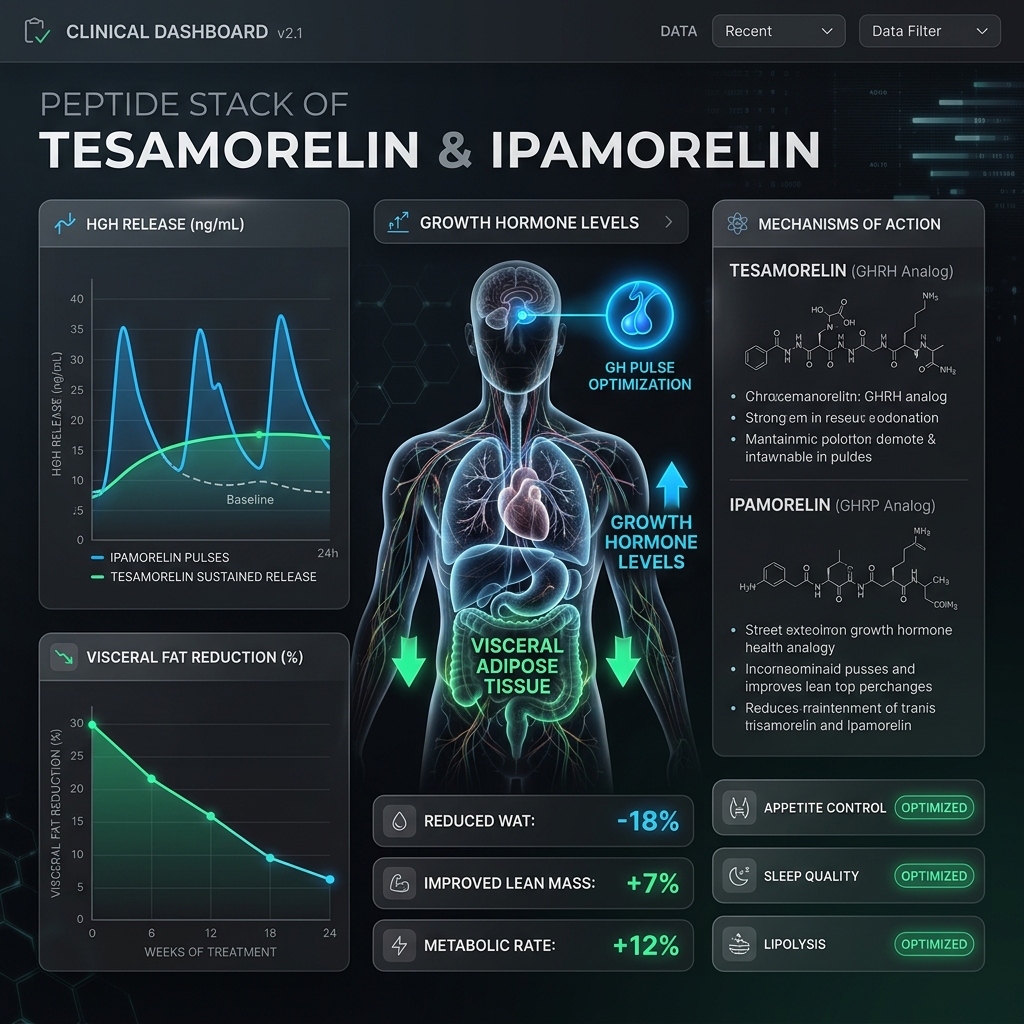 Clinical dashboard illustrating Tesamorelin targeting visceral fat reduction and Ipamorelin optimizing GH pulse levels.
