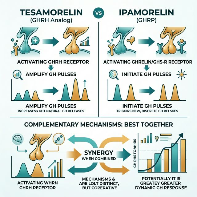 Mechanism comparison of tesamorelin GHRH analog versus ipamorelin GHRP showing different receptor targets, GH release patterns, and optimal stacking strategy
