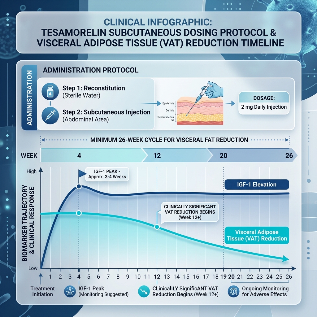 Clinical graph tracking the 26-week Tesamorelin administration cycle, showing IGF-1 peaking at Week 4 while Visceral Adipose Tissue reduction only becomes clinically apparent after Week 12.