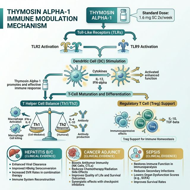 Thymosin alpha-1 immune modulation diagram showing TLR2/TLR9 activation, dendritic cell stimulation, T-cell maturation pathways, and evidence across hepatitis, cancer, and sepsis