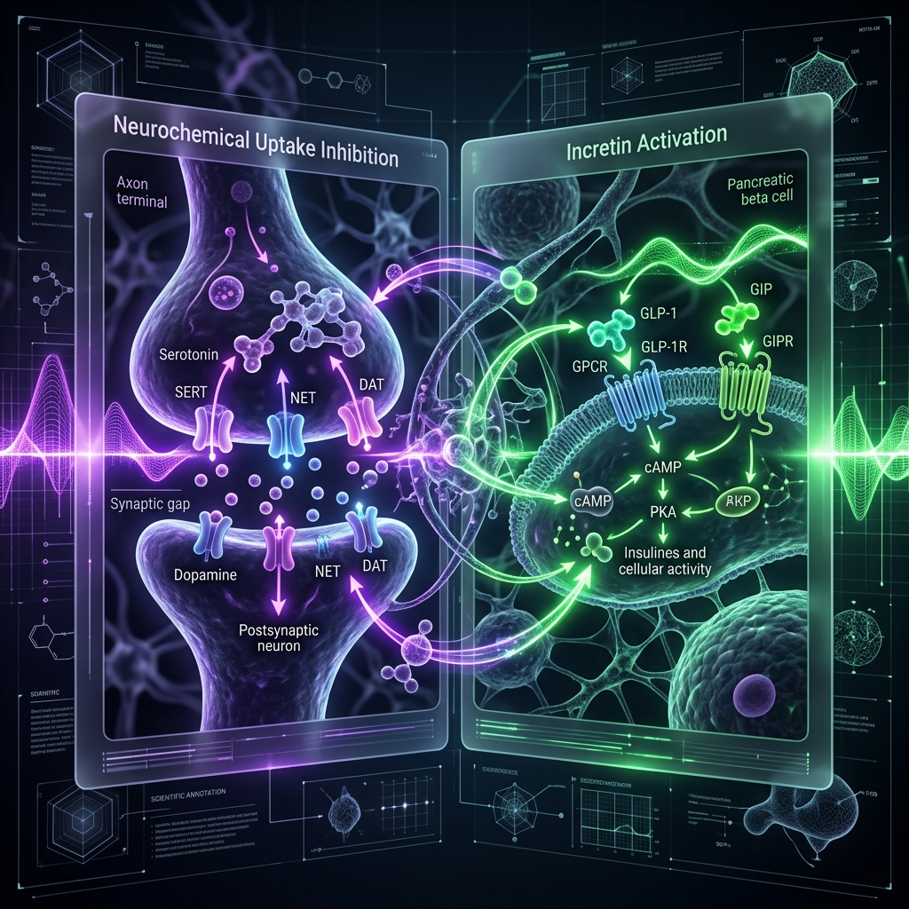 Dual-pathway schematic illustrating Tirzepatide incretin agonism paired with Tesofensine monoamine reuptake inhibition.