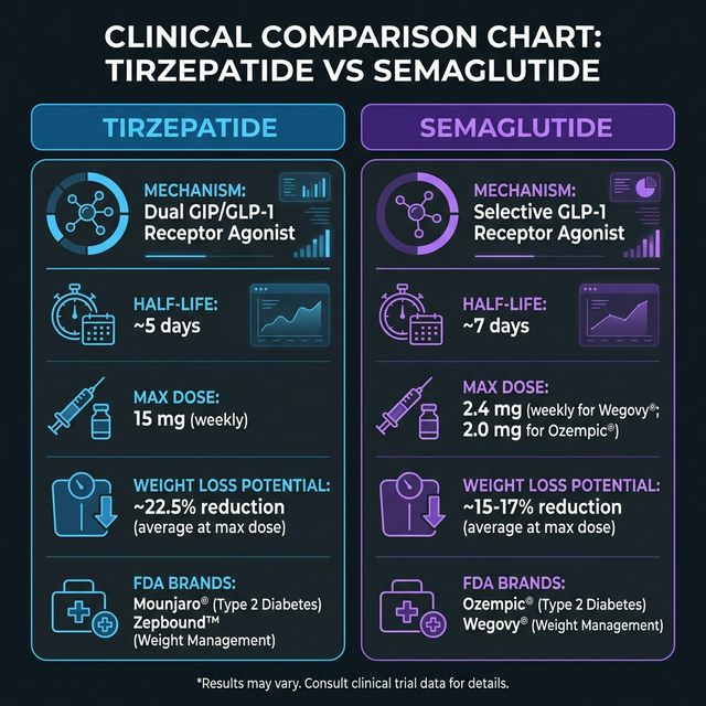 Tirzepatide vs Semaglutide: Dosing, Efficacy and Half-Life Compared