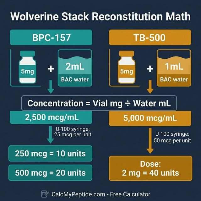 Wolverine Stack reconstitution math visual showing worked examples for BPC-157 5mg vial with 2mL BAC water yielding 2500 mcg per mL and TB-500 dosing calculations