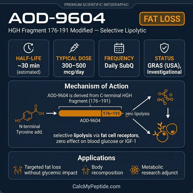 AOD-9604 dosing guide infographic showing dose range 300-500 mcg/day, half-life ~30 minutes (estimated), and reconstitution example