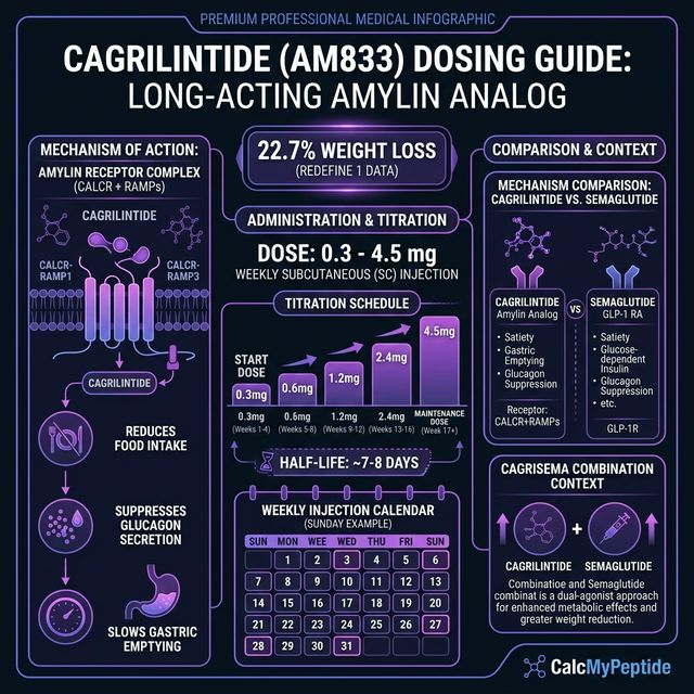Cagrilintide dosing guide infographic showing dose range 0.3-4.5 mg/week, half-life ~7-8 days, and reconstitution example