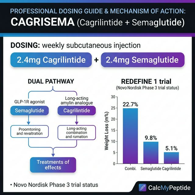 CagriSema dosing guide infographic showing dose range Cagrilintide 2.4 mg + Semaglutide 2.4 mg/week, half-life Mixed (~7-8 days each component), and reconstitution example