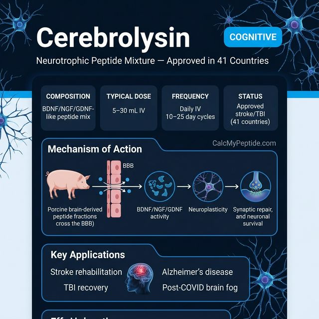 Cerebrolysin dosing guide infographic showing dose range 5-30 mL/day (IV/IM), half-life ~2-4 hours (peptide mix), and reconstitution example