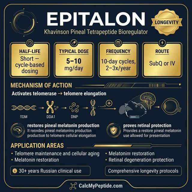 Epitalon dosing guide infographic showing dose range 5-10 mg/day, half-life ~2-4 hours (estimated), and reconstitution example