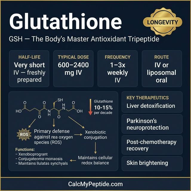 Glutathione dosing guide infographic showing dose range 200-600 mg (SubQ/IV), half-life ~1.6 hours, and reconstitution example