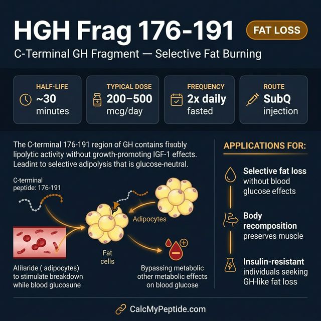 HGH Fragment 176-191 dosing guide infographic showing dose range 250-500 mcg/day, half-life ~30 minutes, and reconstitution example