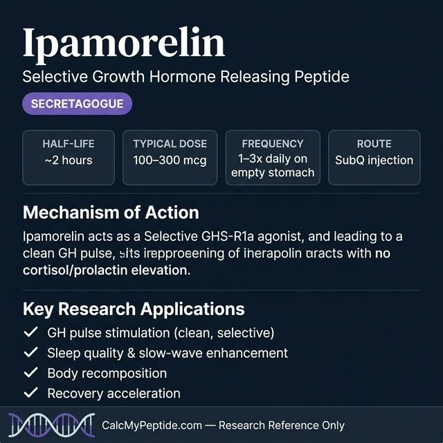 Ipamorelin dosing guide infographic showing dose range 100-300 mcg/injection, half-life ~2 hours, and reconstitution example