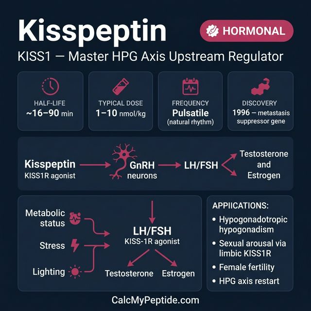 Kisspeptin dosing guide infographic showing dose range 100-500 mcg/dose, half-life ~28 minutes, and reconstitution example