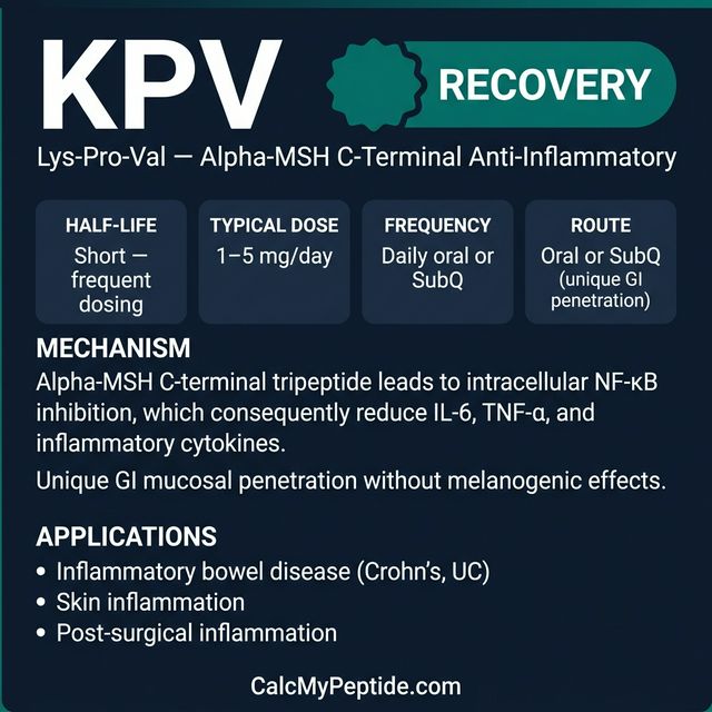 KPV dosing guide infographic showing dose range 200-500 mcg/day, half-life ~30 minutes (estimated), and reconstitution example