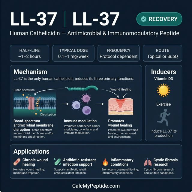 LL-37 dosing guide infographic showing dose range 50-200 mcg/day, half-life ~4 hours (estimated), and reconstitution example