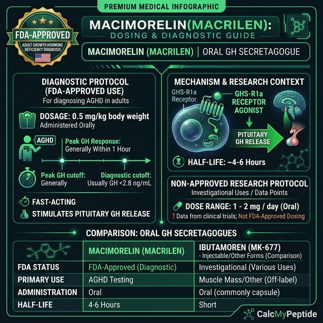 Macimorelin dosing guide infographic showing dose range 0.5 mg/kg (diagnostic) or 1-2 mg/day (research), half-life ~4-6 hours, and reconstitution example