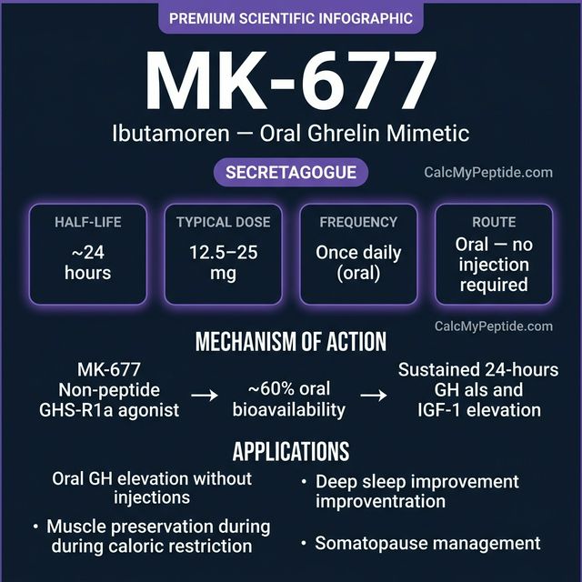 MK-677 dosing guide infographic showing dose range 10-25 mg/day (oral), half-life ~5 hours (IGF-1 elevation 24h), and reconstitution example