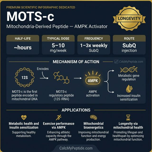 MOTS-c dosing guide infographic showing dose range 5-10 mg/week, half-life ~4-6 hours (estimated), and reconstitution example