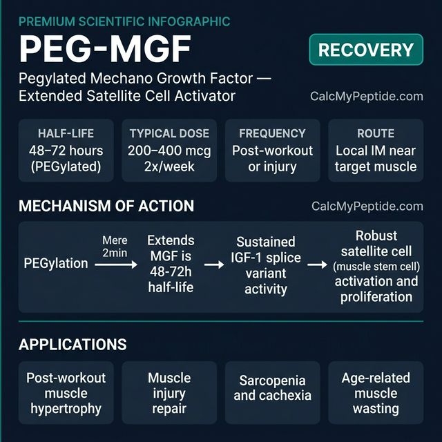 PEG-MGF dosing guide infographic showing dose range 200-400 mcg/day, half-life ~3-5 days (PEGylated), and reconstitution example