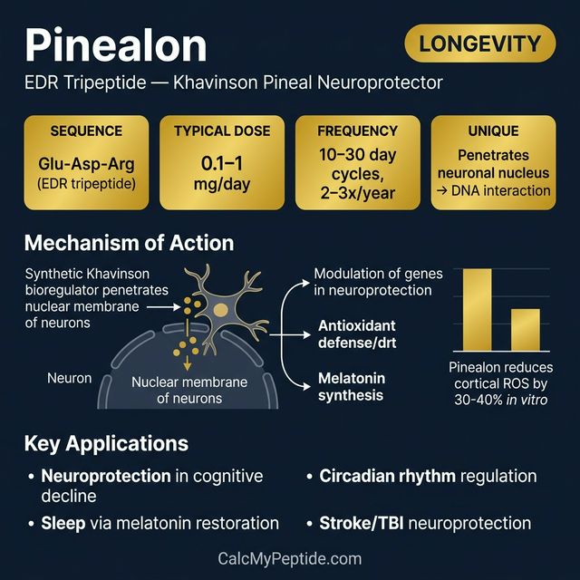 Pinealon dosing guide infographic showing dose range 10-20 mg/day (oral/nasal) or 1-2 mg SC, half-life ~30 minutes (estimated), and reconstitution example