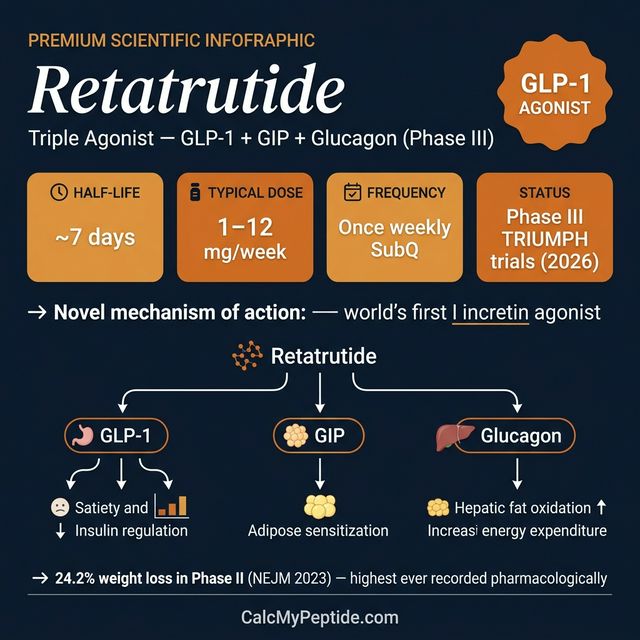 Retatrutide dosing guide infographic showing dose range 1-12 mg/week, half-life ~144 hours (6 days), and reconstitution example