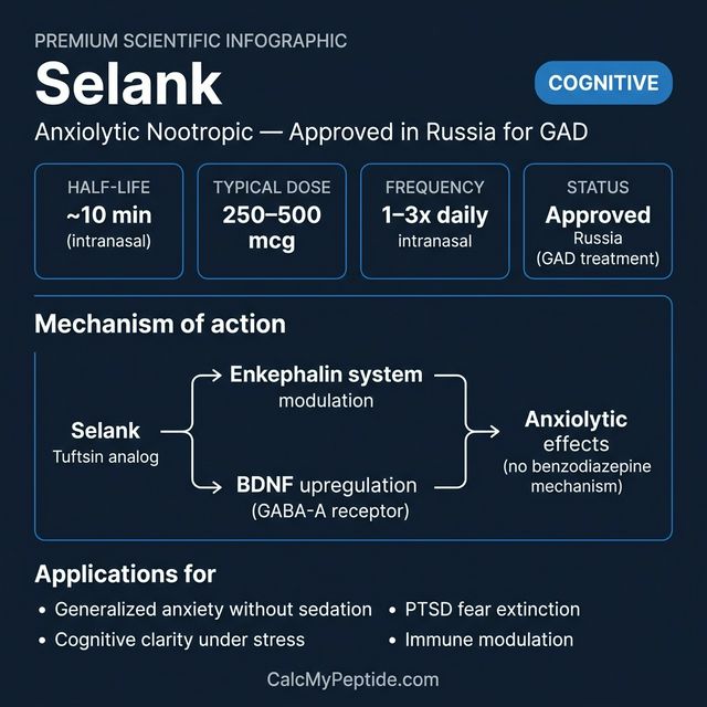 Selank dosing guide infographic showing dose range 250-750 mcg/day (intranasal), half-life ~3 minutes (rapid metabolism), and reconstitution example
