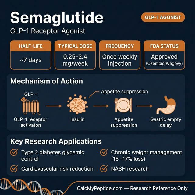 Semaglutide dosing guide infographic showing dose range 0.25-2.4 mg/week, half-life ~168 hours (7 days), and reconstitution example