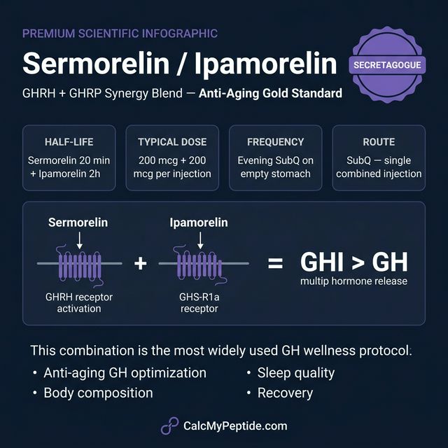 Sermorelin + Ipamorelin Combo dosing guide infographic showing dose range 100-300 mcg each per injection, half-life ~10-30 min / ~2 hours, and reconstitution example