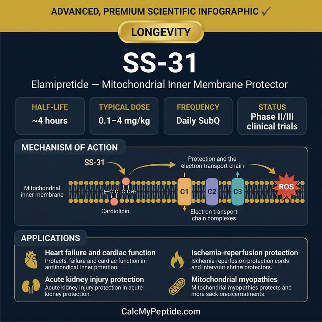 SS-31 dosing guide infographic showing dose range 20-40 mg/day (clinical trials), half-life ~4 hours, and reconstitution example