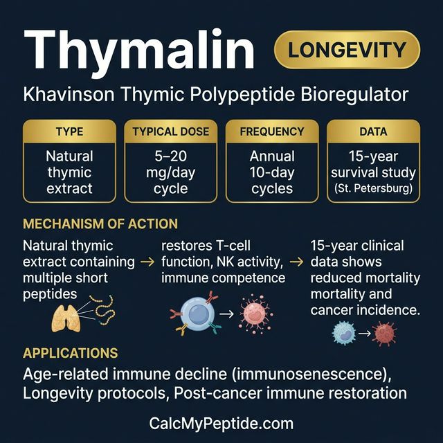 Thymalin dosing guide infographic showing dose range 10 mg/day for 10 days, half-life ~30 minutes, and reconstitution example