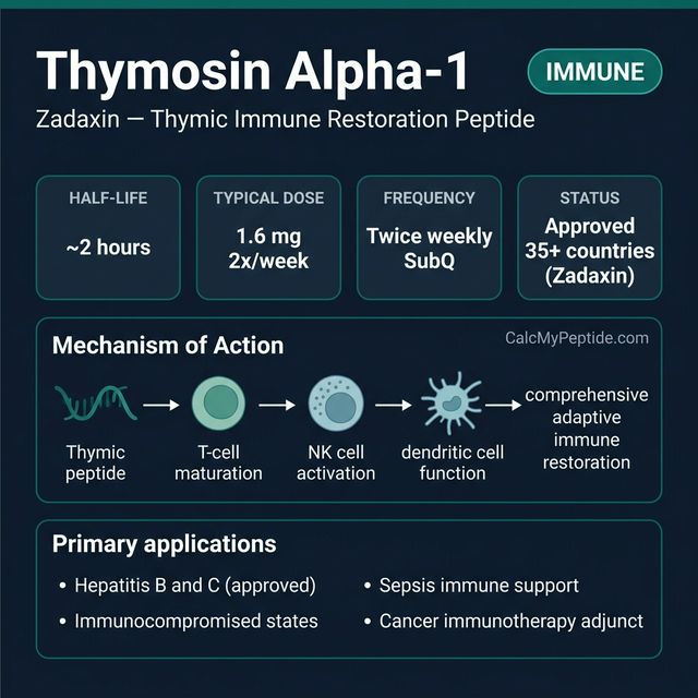 Thymosin Alpha-1 dosing guide infographic showing dose range 1.6-3.2 mg twice weekly, half-life ~2 hours, and reconstitution example