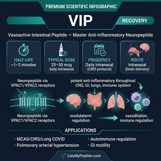 VIP dosing guide infographic showing dose range 50-200 mcg (intranasal), half-life ~2 minutes, and reconstitution example